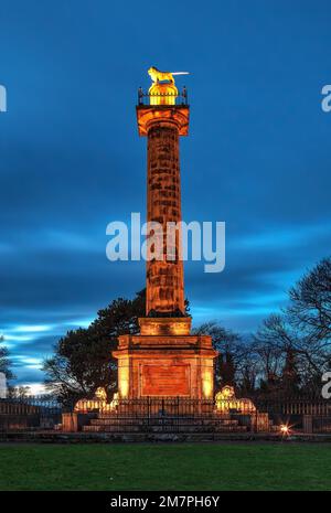 La colonna di Alnwick Tenantry è illuminata al crepuscolo, Alnwick, Northumberland, Inghilterra, Regno Unito Foto Stock