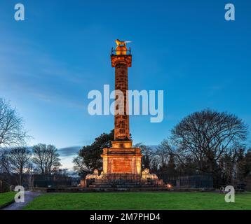 La colonna di Alnwick Tenantry è illuminata al crepuscolo, Alnwick, Northumberland, Inghilterra, Regno Unito Foto Stock