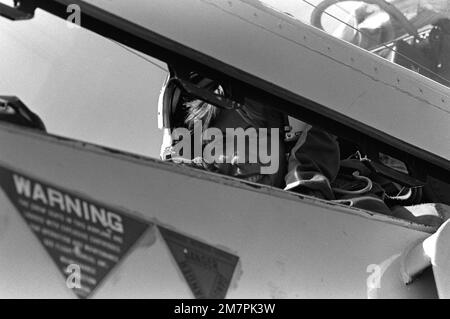 Il Midshipman Cindy Mason siede sul sedile posteriore di un velivolo TA-4 Skyhawk del Fighter Squadron 126 (VF-126) prima di essere preso su un volo dimostrativo. Mason sta partecipando a un programma di formazione aeronautica di una settimana per gli studenti iscritti al corpo di formazione degli ufficiali della Riserva Navale (NROTC). Base: Naval Air Station, Miramar Stato: California (CA) Paese: Stati Uniti d'America (USA) Foto Stock