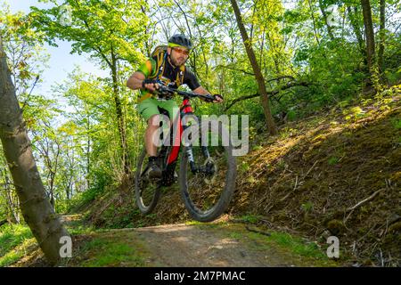 Brammentrail, sentiero per mountain bike sul cumulo di scorie di Schurenbach, a Essen NRW, Germania, Foto Stock