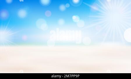 Spiaggia tropicale sfocata con sfondo bokeh luce del sole. Astratto cielo azzurro e spiaggia gialla, sfumatura estiva sfocata. Spazio copia dell'estate all'aperto Illustrazione Vettoriale