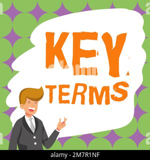 Simbolo di testo che mostra i termini chiave. Parola scritta su parole che possono aiutare una persona nella ricerca di informazioni di cui hanno bisogno Foto Stock