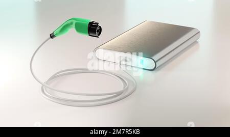 3D rendering del caricabatteria Ev collegamento con Power Bank, concetto di ricarica mobile Foto Stock