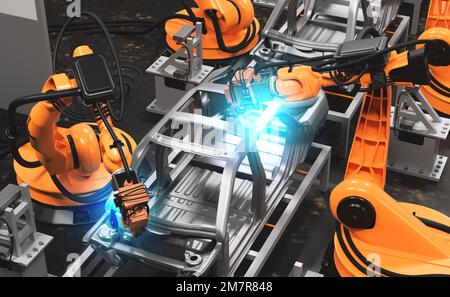 Linea di produzione automobilistica che utilizza robot per lavorare in fabbriche intelligenti. 3D Illustrazione Foto Stock