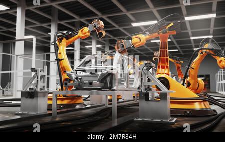 Linea di produzione automobilistica che utilizza robot per lavorare in fabbriche intelligenti. 3D Illustrazione Foto Stock