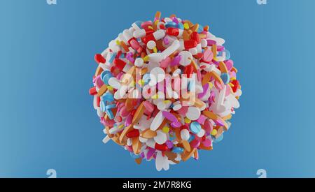 3d sfera di rendering di pillole multicolore sul retro del colore. Foto Stock