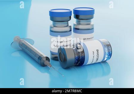 Rendering 3D vaccino medicinale flacone influenza vaccino anti-vaccinazione e covid-19 Foto Stock