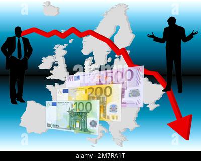 Foto simbolica, finanza, banche, flussi di denaro, demonetizzazione, euro politica, inflazione, stagnazione, mercato dei capitali, valuta, Crisi della BCE, dell'euro e dell'euro Foto Stock