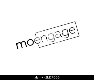 MoEngage, logo ruotato, sfondo bianco Foto Stock