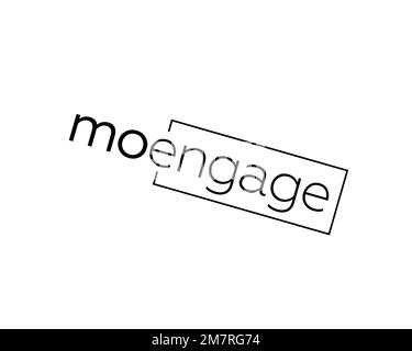 MoEngage, logo ruotato, sfondo bianco B Foto Stock