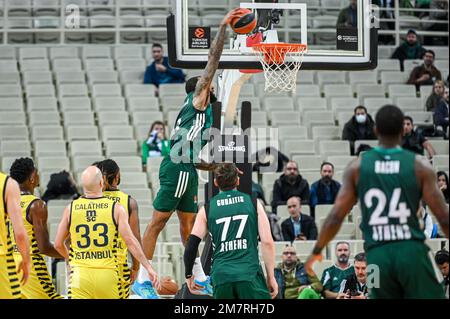 Atene, Grecia, 10/01/2023, 8 DERRICK WILLIAMS di Panathinaikos BC durante l'Eurolega, Round 18, incontro tra Panathinaikos BC e Fenerbahce Beko Istanbul all'OAKA Altion il 10 gennaio 2023 ad Atene, Grecia. Foto Stock