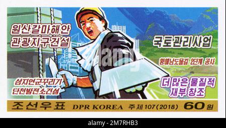 Set di francobolli 2018 della Corea del Nord, indirizzo di Capodanno di Kim Jong un. Temi scientifici e tecnologici, arte propagandistica dei lavoratori edili, 60 Won. Foto Stock