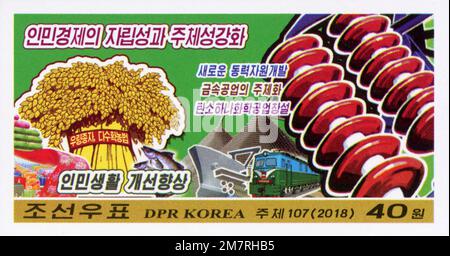Set di francobolli 2018 della Corea del Nord con il nuovo anno di Kim Jong un affronta temi di scienza, tecnologia, agricoltura e industria. Foto Stock
