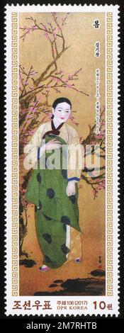 2017 Set di timbri per la Corea del Nord. Costumi nazionali (Female Attire) pittura coreana "Primavera" Foto Stock