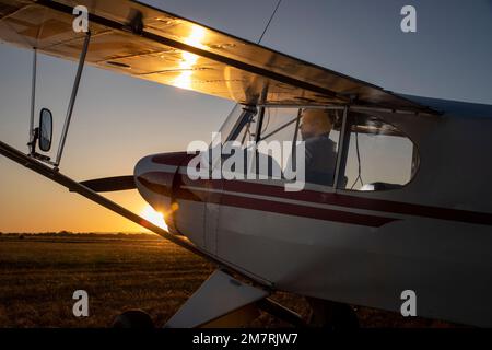 Un giovane pilota maschio con un Piper Super Cub Foto Stock