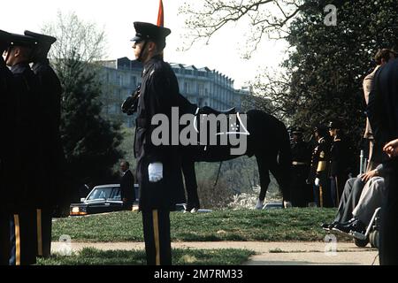 Vista laterale sinistra di un cavallo senza rivali e soldati dell'esercito in piedi all'attenzione durante i funerali del pensionato cinque stelle GEN Omar N. Bradley, USA, al cimitero di Arlington. Base: Arlington Stato: Virginia (VA) Nazione: Stati Uniti d'America (USA) Foto Stock