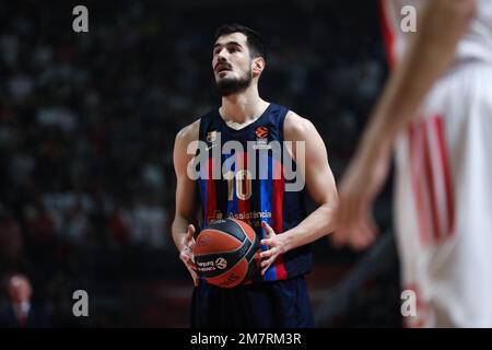 Belgrado, Serbia, 30 dicembre 2022. Nikola Kalinic del FC Barcelona reagisce durante la partita della Turkish Airlines Eurolega del 2022/2023 tra Crvena Zvezda MTS Belgrado e il FC Barcelona alla Stark Arena di Belgrado, in Serbia. Dicembre 30, 2022. Credito: Nikola Krstic/Alamy Foto Stock