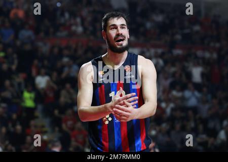 Belgrado, Serbia, 30 dicembre 2022. Nikola Kalinic del FC Barcelona reagisce durante la partita della Turkish Airlines Eurolega del 2022/2023 tra Crvena Zvezda MTS Belgrado e il FC Barcelona alla Stark Arena di Belgrado, in Serbia. Dicembre 30, 2022. Credito: Nikola Krstic/Alamy Foto Stock