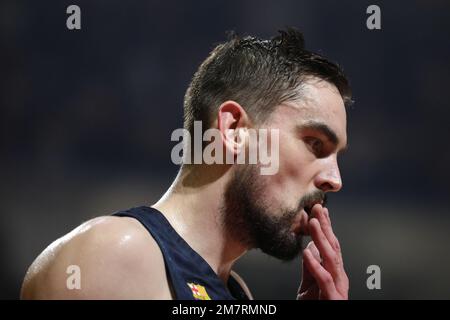 Belgrado, Serbia, 30 dicembre 2022. Tomas Satoransky del FC Barcelona reagisce durante la partita Eurolega della Turkish Airlines del 2022/2023 tra Crvena Zvezda MTS Belgrado e il FC Barcelona alla Stark Arena di Belgrado, in Serbia. Dicembre 30, 2022. Credito: Nikola Krstic/Alamy Foto Stock