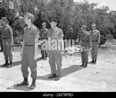 Il capitano David C. Birtwistle del Canada (centro), aiuta a trasportare un 'paziente' su una lettiera durante un'esercitazione medica avanzata di addestramento sul campo degli ufficiali a Camp Bullis. Base: Fort Sam Houston, San Antonio Stato: Texas (TX) Paese: Stati Uniti d'America (USA) Foto Stock