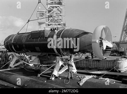 Il veicolo di salvataggio per immersione profonda AVALON (DSRV-2) viene abbassato sui piloni a bordo del sottomarino d'attacco nucleare USS CAVALLA (SSN-684). AVALON e CAVALLA stanno partecipando a un esercizio di volo per formare il personale nella gestione e nell'utilizzo del DSRV. Base: Pearl Harbor Stato: Hawaii (HI) Paese: Stati Uniti d'America (USA) Foto Stock