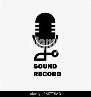 Logo del microfono modificabile, design piatto vettoriale con testo di registrazione del suono in bianco e nero Illustrazione Vettoriale