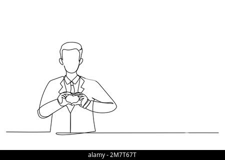 Disegno di un giovane uomo d'affari in camicia formale che mostra il segno del cuore esprime amore, affetto o ammirazione. Stile artistico a linea singola Illustrazione Vettoriale