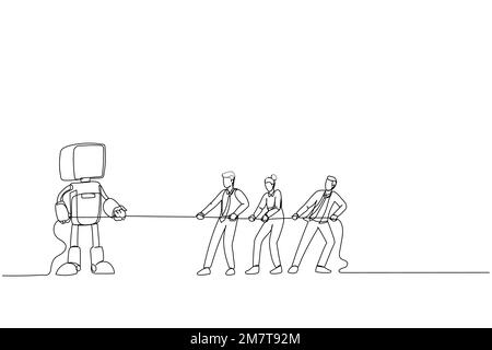 Disegno del lavoro di squadra che tira la corda contro il robot con intelligenza artificiale. Metafora della concorrenza sulla tecnologia ai. Stile artistico a linea singola Illustrazione Vettoriale