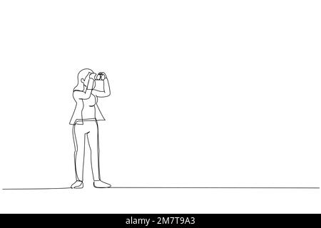 Cartone animato di una donna d'affari che guarda attraverso Binocular. Direzione di carriera o concetto di raggiungimento del lavoro. Linea continua ART Illustrazione Vettoriale