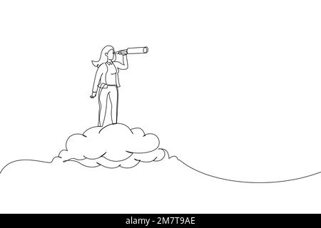 Illustrazione di una donna d'affari che cavalca la nuvola che tiene il telescopio o il binocolo per cercare il visionario di affari. Opportunità, concetto di obiettivo aziendale di visione Illustrazione Vettoriale