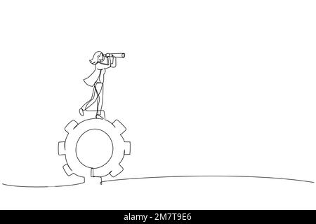 L'illustrazione della donna d'affari in piedi sugli ingranaggi guarda attraverso un telescopio. Stile artistico a una linea Illustrazione Vettoriale