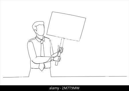 Cartone animato di uomo d'affari casuale che tiene un cartello, guardando in su. Stile artistico a linea continua Illustrazione Vettoriale