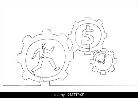 Disegno di un uomo d'affari che corre con il massimo sforzo all'interno di ingranaggi dentati. Sforzo e tempo hanno prodotto il concetto di denaro. Stile artistico a linea singola Illustrazione Vettoriale