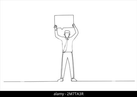 Illustrazione dell'uomo che tiene segno bolla di discorso urlando eccitato. Giovane uomo caucasico casual nei suoi anni venti. Isolato su sfondo bianco. Una linea Illustrazione Vettoriale