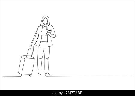 Illustrazione di una donna che cammina con Suitcase in aeroporto e utilizza lo smartphone. Uno stile artistico a linea continua Illustrazione Vettoriale