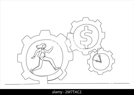 Disegno di una donna d'affari che corre con pieno sforzo all'interno di ingranaggi. Sforzo e tempo hanno prodotto il concetto di denaro. Stile artistico a linea singola Illustrazione Vettoriale