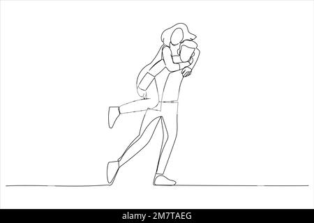 L'illustrazione di sposo asiatico felice dà un giro del piggyback della sposa. Un'arte di stile Illustrazione Vettoriale