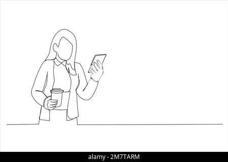 Illustrazione di una donna d'affari che utilizza uno smartphone all'aperto. Un'arte di stile Illustrazione Vettoriale