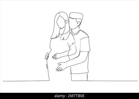 Cartone animato di famiglia felice che aspetta il bambino. Stile artistico a linea continua singola Illustrazione Vettoriale