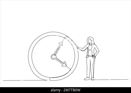 Il disegno di una donna d'affari o di un manager sta in piedi vicino a un grande orologio. Concetto di gestione del tempo. Stile artistico a linea singola Illustrazione Vettoriale