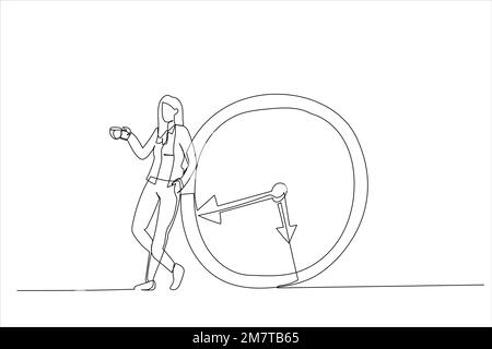 Illustrazione di una donna d'affari rilassante con una tazza di caffè o tè con sveglia. Tempo di prendere una metafora di rottura. Stile artistico a una linea Illustrazione Vettoriale