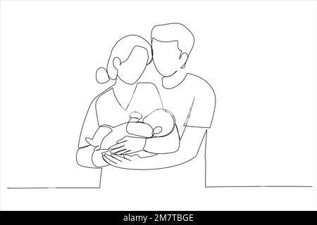 Illustrazione di una donna e di un uomo in possesso di un neonato. Mamma, papà e bambino. Stile artistico a una linea Illustrazione Vettoriale