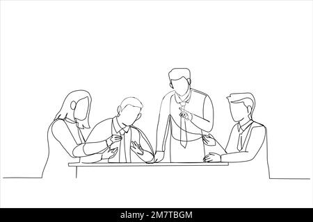 Cartoon di un collega che ascolta l'impiegato durante la riunione di gruppo. Stile artistico a linea continua singola Illustrazione Vettoriale