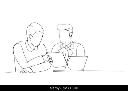 Cartoon di supervisore serio analizzare il rapporto finanziario del lavoratore responsabile. Stile artistico a linea continua Illustrazione Vettoriale