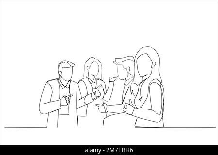 Illustrazione di una giovane donna che tiene una tazza di caffè e guarda la macchina fotografica mentre i suoi colleghi discutono qualcosa in background. Un li continuo Illustrazione Vettoriale