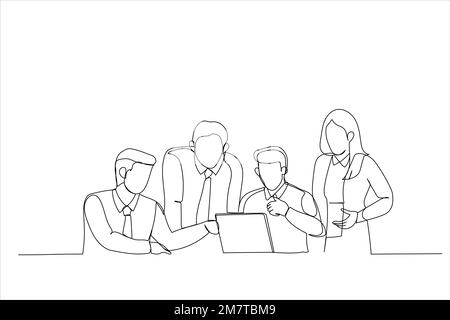 Cartoon di persone di affari che lavorano insieme su un nuovo progetto che guarda le statistiche sul laptop. Stile artistico a linea continua Illustrazione Vettoriale