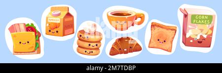 Carini kawaii personaggi del cibo per la colazione. Adesivi con toast, sandwich con pane e pancetta, caffè in tazza, pacchetto di corn flakes, latte, succo di frutta, frittelle e croissant, set di cartoni animati vettoriali Illustrazione Vettoriale