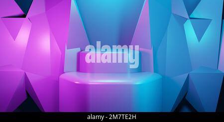 3d rappresentazione di sfondo geometrico astratto viola e blu. Scena per pubblicità, tecnologia, vetrina, banner, cosmetici, affari, metaverse Foto Stock