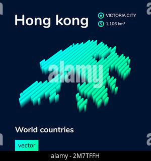 3D la mappa di Hong Kong è in colori turchesi menta su uno sfondo blu scuro. Mappa vettoriale al neon isometrica stilizzata Illustrazione Vettoriale