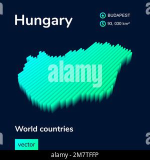 Mappa Ungheria 3D. La mappa isometrica al neon vettoriale stilizzata dell'Ungheria è di colore verde e menta sullo sfondo blu scuro Illustrazione Vettoriale